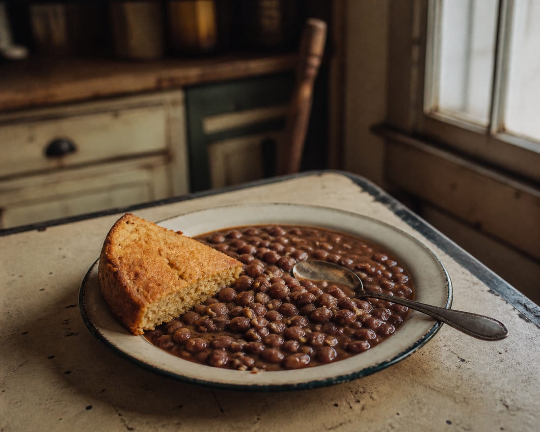 Brown beans and a wedge of cornbread on an enamel plate.