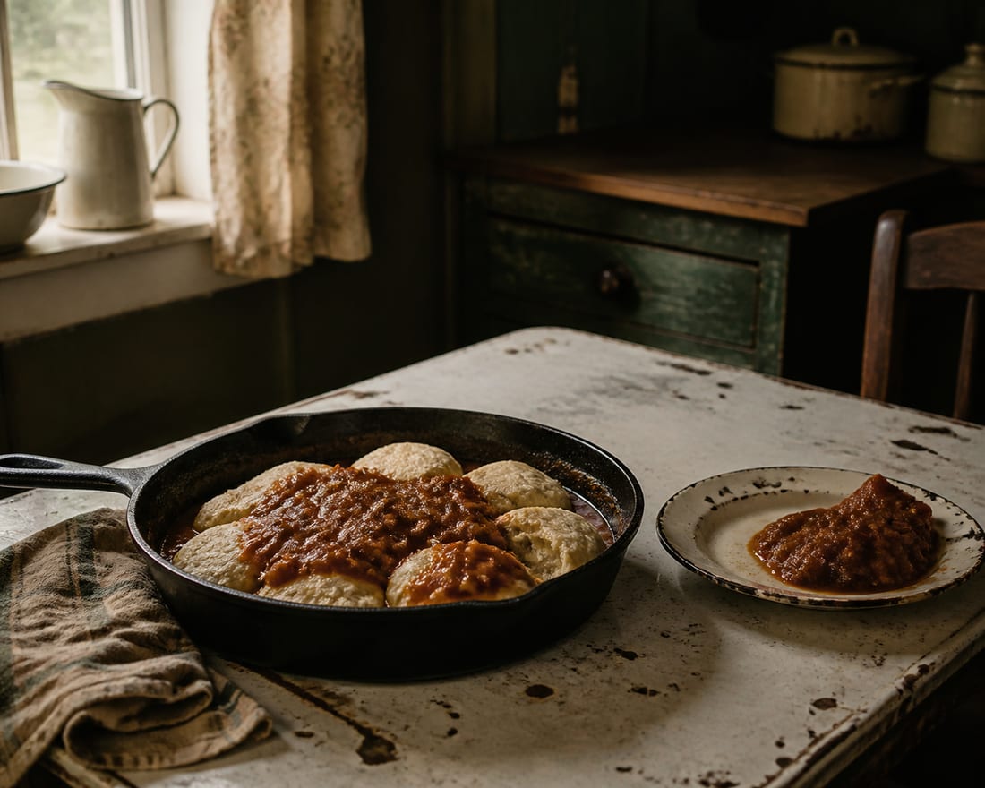 Tomato gravy poured over split biscuits in a cast-iron skillet.