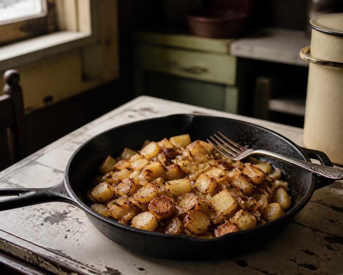 Potato and onion hash browned in a cast-iron skillet.