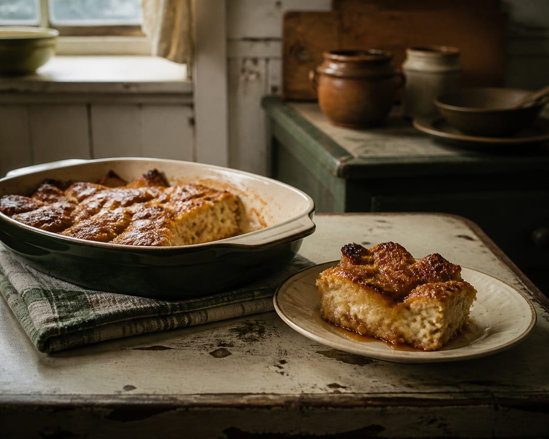Golden bread pudding in a baking dish with one portion lifted onto a saucer.